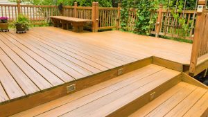 A light, natural stain wood deck