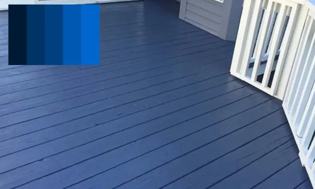 Ocean blue is the perfect color to complement a wood deck on a red brick house.