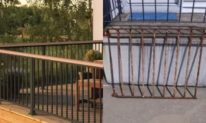 A well-maintained outdoor metal railing showcasing its sleek design and glossy finish, providing durability and stability for a safe and secure outdoor environment.