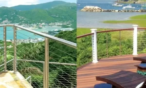 Clear blue sky and sunshine illuminate a sturdy outdoor railing surrounded by lush greenery, creating a perfect setting for outdoor activities.